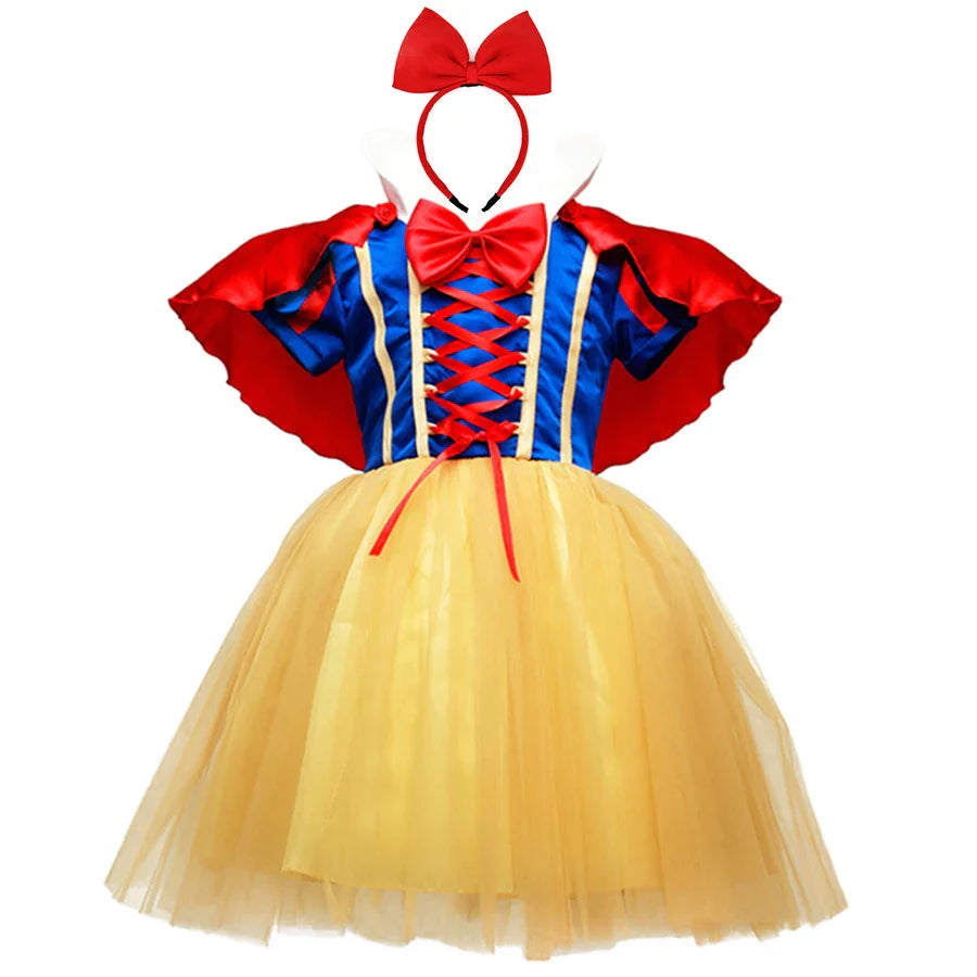 Vestido de princesa Branca de Neve para meninas com capa, fantasia de Halloween de verão, conjunto de roupas infantis, vestidos de menina