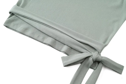 woman clothing high Stretch ribbing closed-fit wrap tops + Matte Satin dress Maxi matching sets (ship out in 1 day)