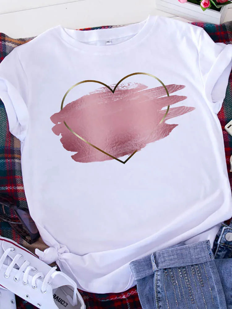 American Retro Letters Love White T-shirt Women Short Sleeve Round Neck Loose Large Size Casual Top Oversized