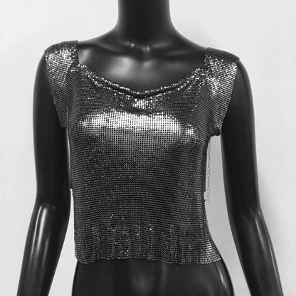 Women Metal Sequins Crop Tops Sexy Hollow Out Sleeveless Backless Y2k Tank Tops Nightclub Party Rave Festival Camisole 2023 New
