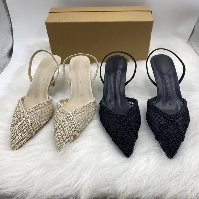 Mesh Woven Heeled Sandals Women Sexy Pointed Toe Back Strap Thin High Heels Comfortable Elegant Designer Shoes for Women Pumps