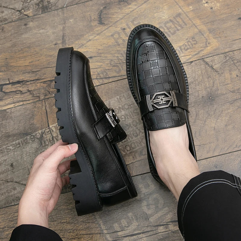 Men Loafers PU Thick Sole Round Toe Checkered Pattern Fashionable Classic Business Formal Shoes