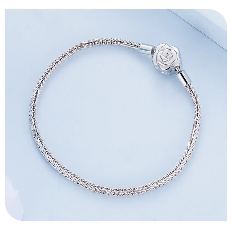 925 Sterling Silver Zircon Rose Buckle Bracelet Snake Chain for Women Bead Charm DIY Chic Jewelry Gift BSB096