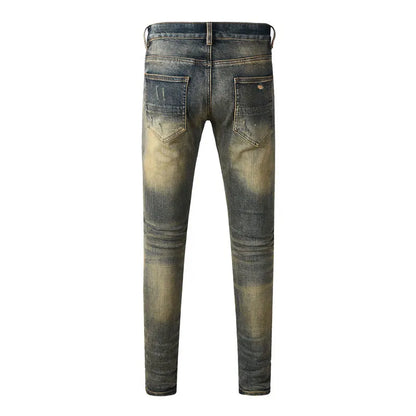 Y2k new men's jeans washed nostalgic perforated black leather patch deep blue jeans high street designer hip-hop brand high-qual