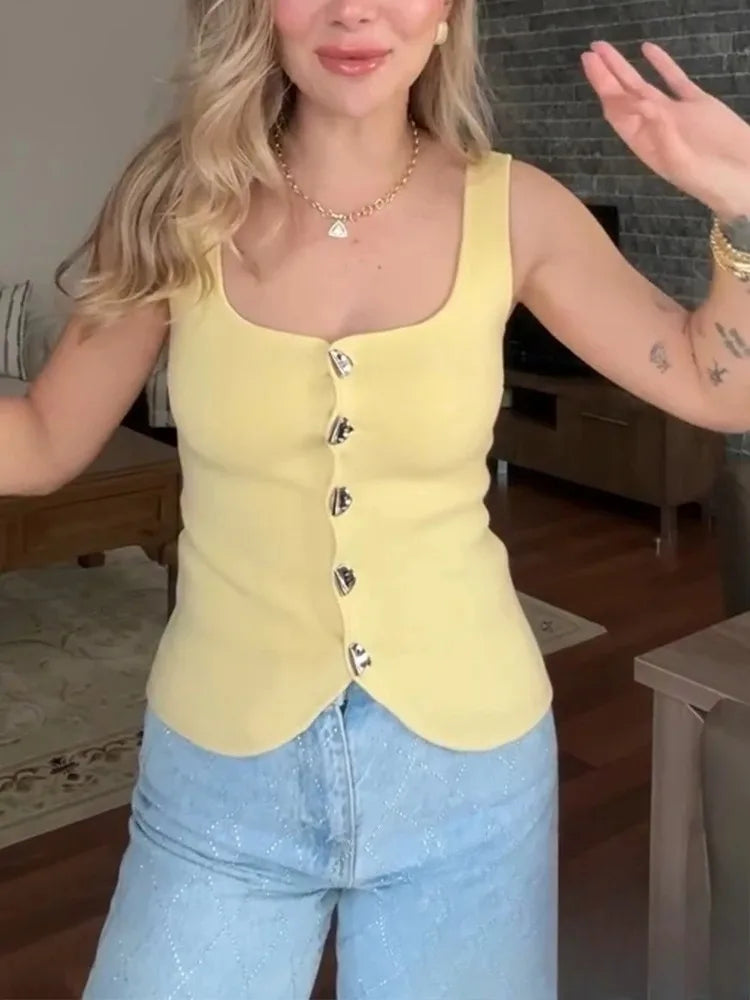 Vintage Casual Chic Yellow Women Cami Tops Solid Single Breasted Sleeveless Vest Fashion 2025 Spring Summer Holiday Tops