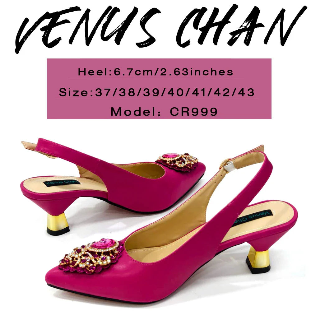 Latest Wedding Pointed Toe Women's Shoes High Heel White Color Rhinestones Party Ladies Shoes And Bag Set