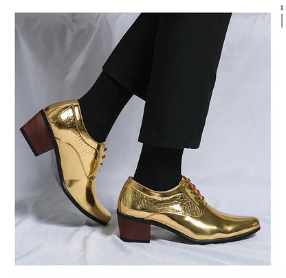 New 2025 Luxury Gold Men High Heel Leather Shoes Moccasins Designer Pointed Dress Shoes Men Wedding Formal Shoes Big Size 46