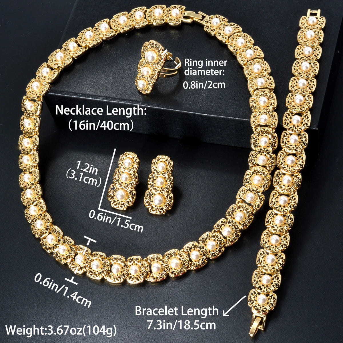 Conjunto de joias de luxo Dubai para mulheres, moderno, colar de pérolas, pulseira, anel, brincos, conjunto de joias banhadas a ouro 18k