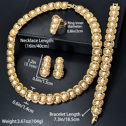 Conjunto de joias de luxo Dubai para mulheres, moderno, colar de pérolas, pulseira, anel, brincos, conjunto de joias banhadas a ouro 18k