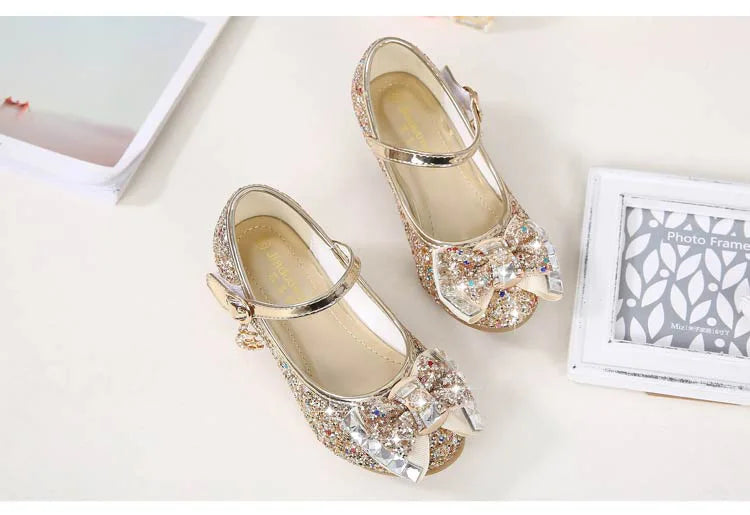 Children Princess Sandals Kids Girls Wedding Shoes High Heels Dress Shoes Bowtie Purple Pink Blue Silver Shoes For Girls
