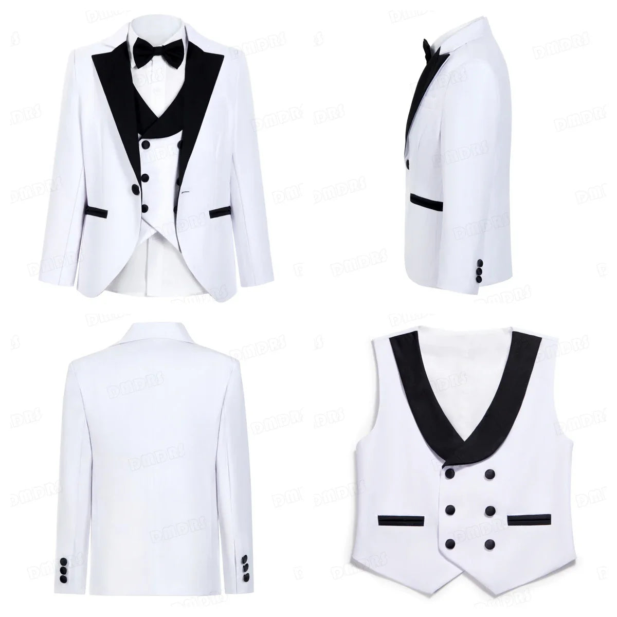 Brand Suit Set for Boys 3-14 Yrs, Classic Black Collar Suit Jacket Vest Pants Bowtie Set, Communion Party Suits Toddler