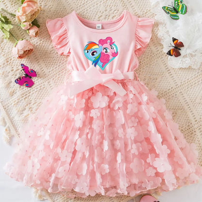 My Little Ponys Girls Summer Dress Cartoon Bow Tutu Dress 3D Butterfly Cotton Party Casual Dress for Baby 2-6Y