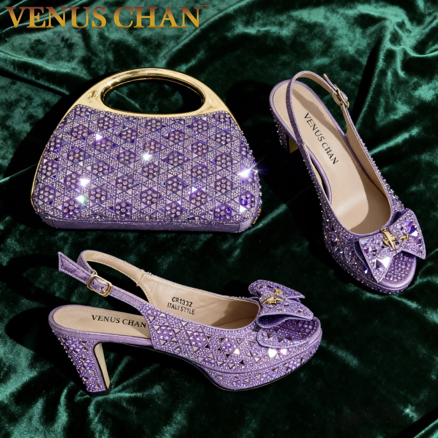 Light Purple Rhinestone Peep-Toe High Heel Sandals and Bag Set for Women –Elegant Italian Party Shoes Perfect for Weddings