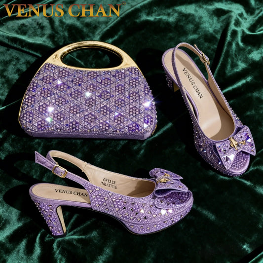 Light Purple Rhinestone Peep-Toe High Heel Sandals and Bag Set for Women –Elegant Italian Party Shoes Perfect for Weddings
