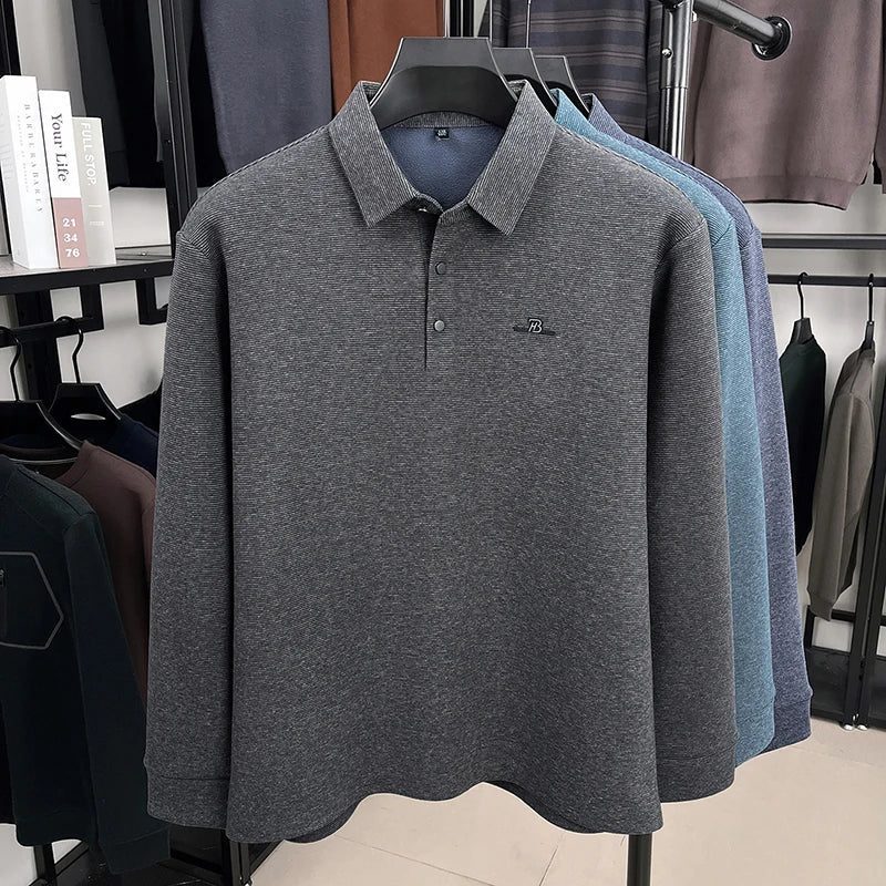Fashion brand men's long sleeve polo shirt soft plush warm comfort new letter embossed solid color business casual lapel T-shirt