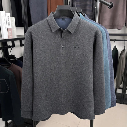 Fashion brand men's long sleeve polo shirt soft plush warm comfort new letter embossed solid color business casual lapel T-shirt