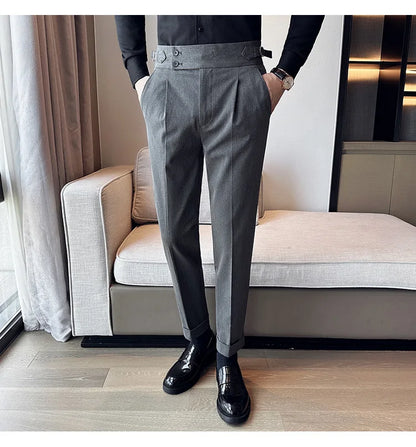 New Spring Autumn High Waist Smart Casual Dress Pants Men Belt Design Slim Suit Pants Formal Wedding Social Party Mens Trousers