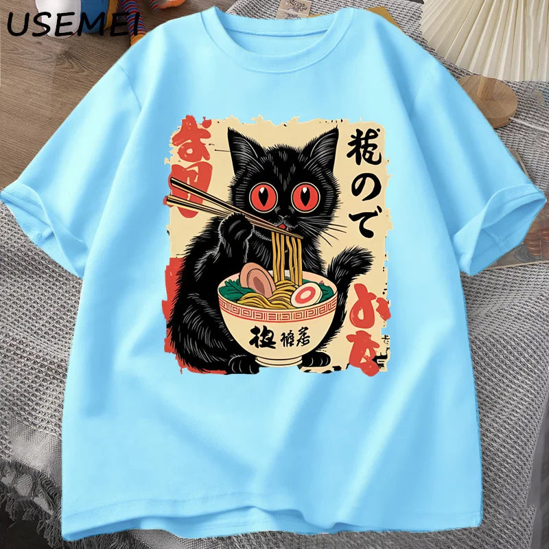Vintage Japanese Black Cat Ramen T Shirts Cute Graphic Tee Funny Cat Eating Ramen T-Shirt Printing Cotton Short Sleeve Vintage