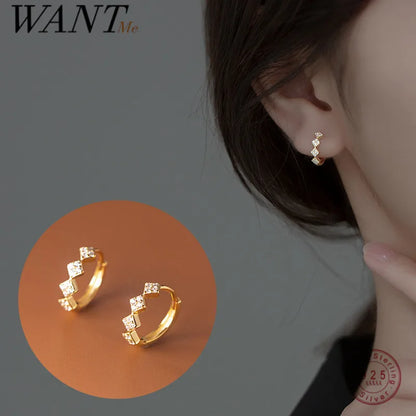 925 Sterling Silver Geometric Diamond Pavé CZ Zircon Charm Hoop Earrings for Women Fine French Huggies Piercing Jewelry