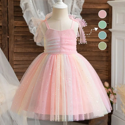 Vestido Infantil Bear Leader Sem Mangas com Lantejoulas Doce Princesa Meninas Fantasia Malha Verão Fofo Arco-Íris Roupa Infantil
