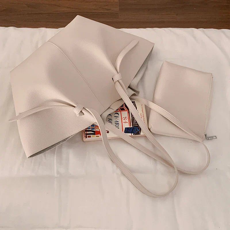 Luxury Designer Women's Soft PU Leather 2-in-1 Shoulder Tote Bag Set Big Capacity Branded Shopper Handbags Gray Blue PinkTan
