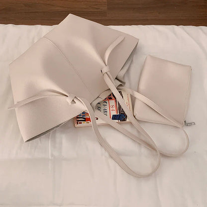 Luxury Designer Women's Soft PU Leather 2-in-1 Shoulder Tote Bag Set Big Capacity Branded Shopper Handbags Gray Blue PinkTan