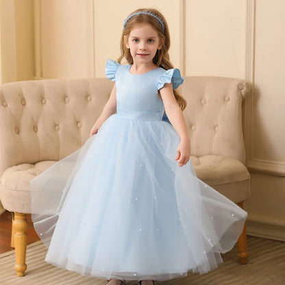 Summer Girl Flower Birthday Tulle Dress Backless Bow Wedding Gown Piano Kids Party Wear Princess Dress Baby Girl Bowknot Dresses