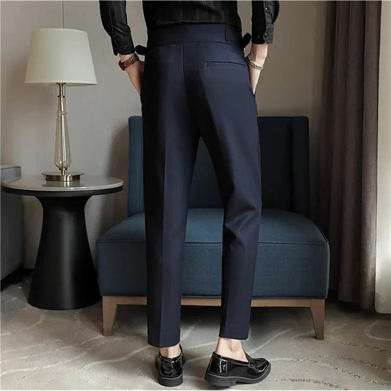 Luxury Men's Slim High-Rise Dress Pants - Heavyweight Subtle Stripe with 3D Pleats & Naples Tailoring