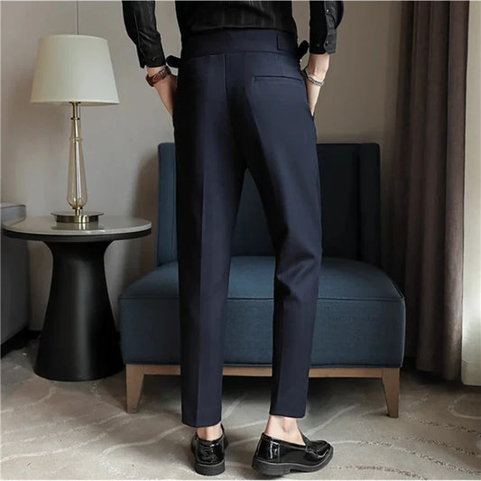 Luxury Men's Slim High-Rise Dress Pants - Heavyweight Subtle Stripe with 3D Pleats & Naples Tailoring
