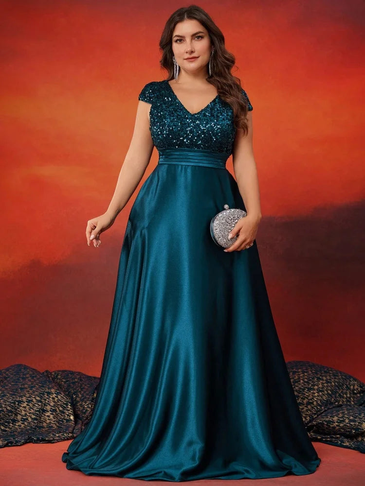 Plus Size Elegant V-Neck Blue Sequins Evening Dress Long Luxury Women Satin Sleevesless Party Prom Cocktail  Gowns