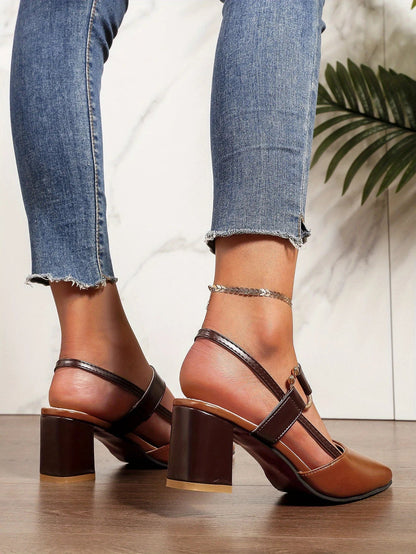 Women's Pointed Toe Block High Heel Sandals, Fashion Solid Color Slingback Shoes, Versatile Mid Heels
