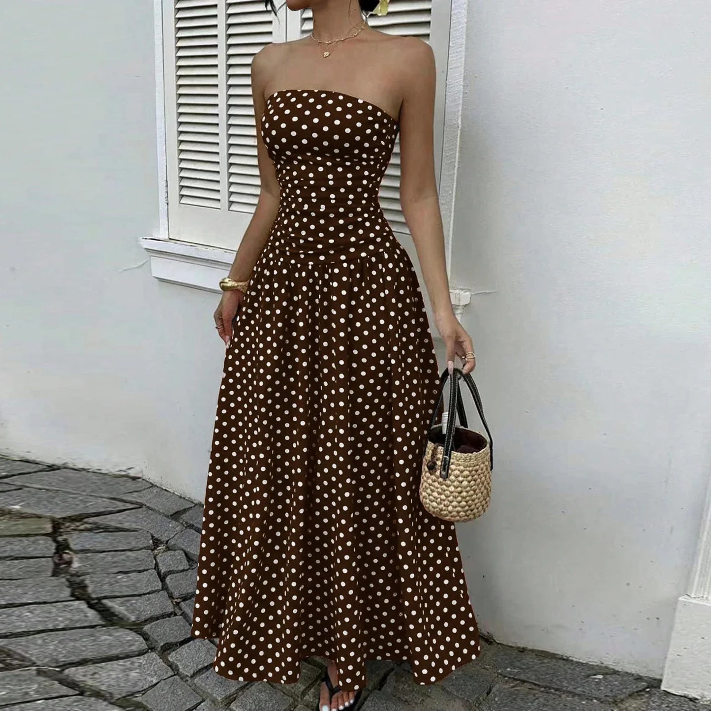 Women's Polka Dot Maxi Dress Off Shoulder A-line Waist Slimming Dress Fashion Evening Gown Retro Elegant Polka Dot Patry Dresses