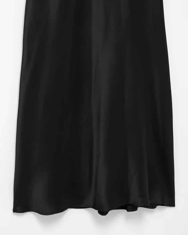 Satin Long Dress Woman Black Draped Midi Dresses for Women Elegant Party Women Dresses Short Sleeve Chic Female Dress