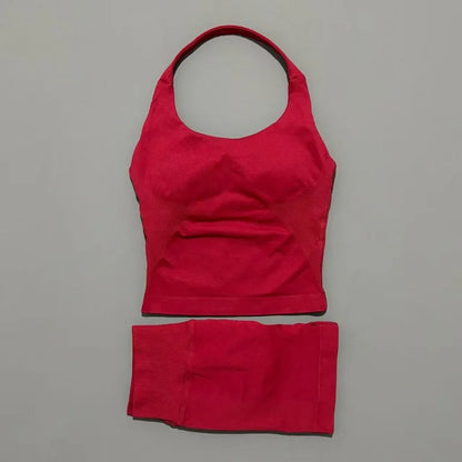 Women Seamless Gym Set 2Pcs Halter Neck Sports Crop Top High Waist Scrunch Butt Shorts Workout Fitness Yoga Tracksuit Sportswear