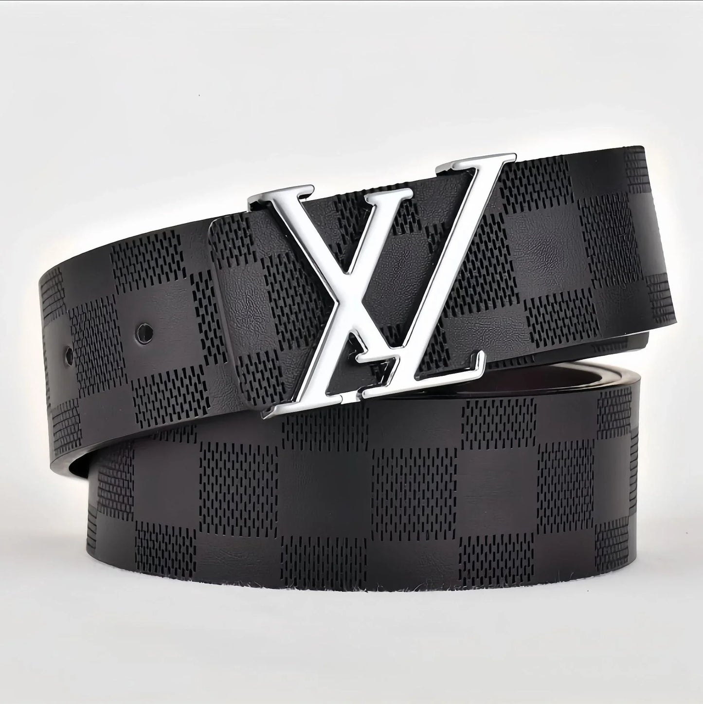 Light Luxury Mens Leather Belt Smooth Buckle Genuine Cowhide Perforated Pattern Fashion Trendy High End Versatile