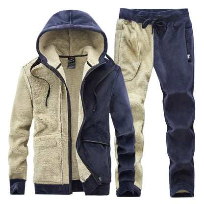Mens Fleece Warm Tracksuit Male Winter Warm Hooded Fashion Sets Mens Hoodies + Pants Sportswear Sets WinterThick Set