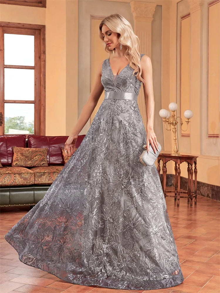 Luxury Sexy Deep V-Neck Sequins Blue Evening Dresses Women Elegant V-back Wedding Party Long Prom Cocktail Dress