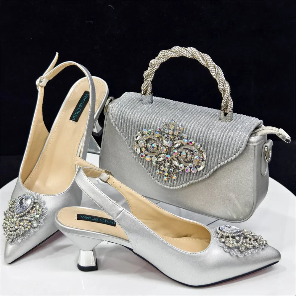 Nigerian Women's Pink High Heel Frosted Crystal Shiny Rhinestone Party Italian Design Pointed Shoes And Bag Set