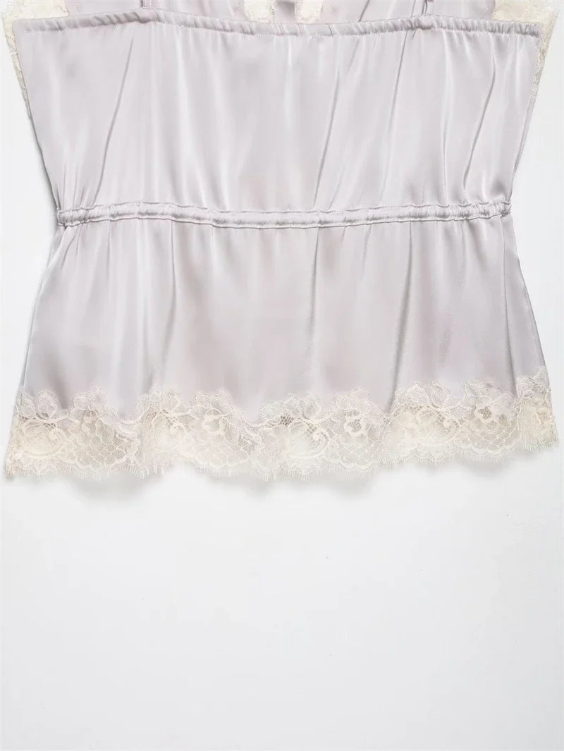 Women's Top 2026 New Spring Summer Lace Decoration Satin Textured Top for Women Chic Personality Female Spaghetti Strap Top