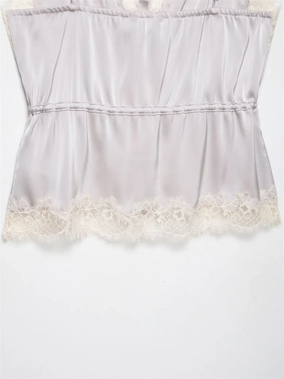 Women's Top 2026 New Spring Summer Lace Decoration Satin Textured Top for Women Chic Personality Female Spaghetti Strap Top