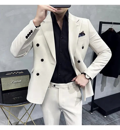 ( Blazers + Pants ) Boutique Fashion Solid Color Double-breasted Men's Casual Business Slim Suit 2-piece Set Groom Wedding Dress