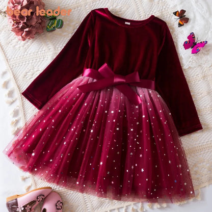 Bear Leader Autumn Winter Long Sleeved Girls Dresses Christmas Red Kids Wear Korean Version Star Gradient Mesh Princess Dress