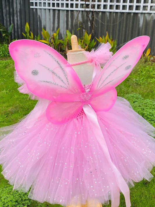 Girls Pink Fairy Dress Kids Glitter Tutu Flower Dresses with Wing and Stick Hairbow Children Birthday Halloween Party Costumes
