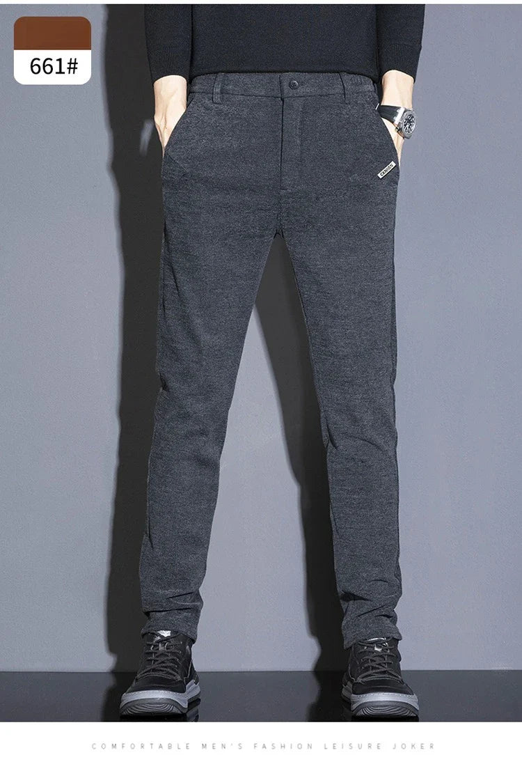 Men's Solid Straight Casual Pants Autumn Woolen Slim Fit Office Pants Vintage Elastic Waist Youth Trousers Everyday Wear