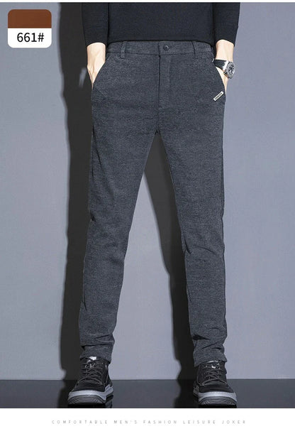 Men's Solid Straight Casual Pants Autumn Woolen Slim Fit Office Pants Vintage Elastic Waist Youth Trousers Everyday Wear