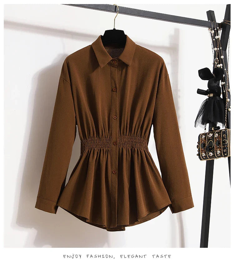 2026 Women's Plus Size Blouse Korean Style Spring Autumn Loose Elegant Casual Mid-length Tops Long Sleeved Waist Cinching Shirts