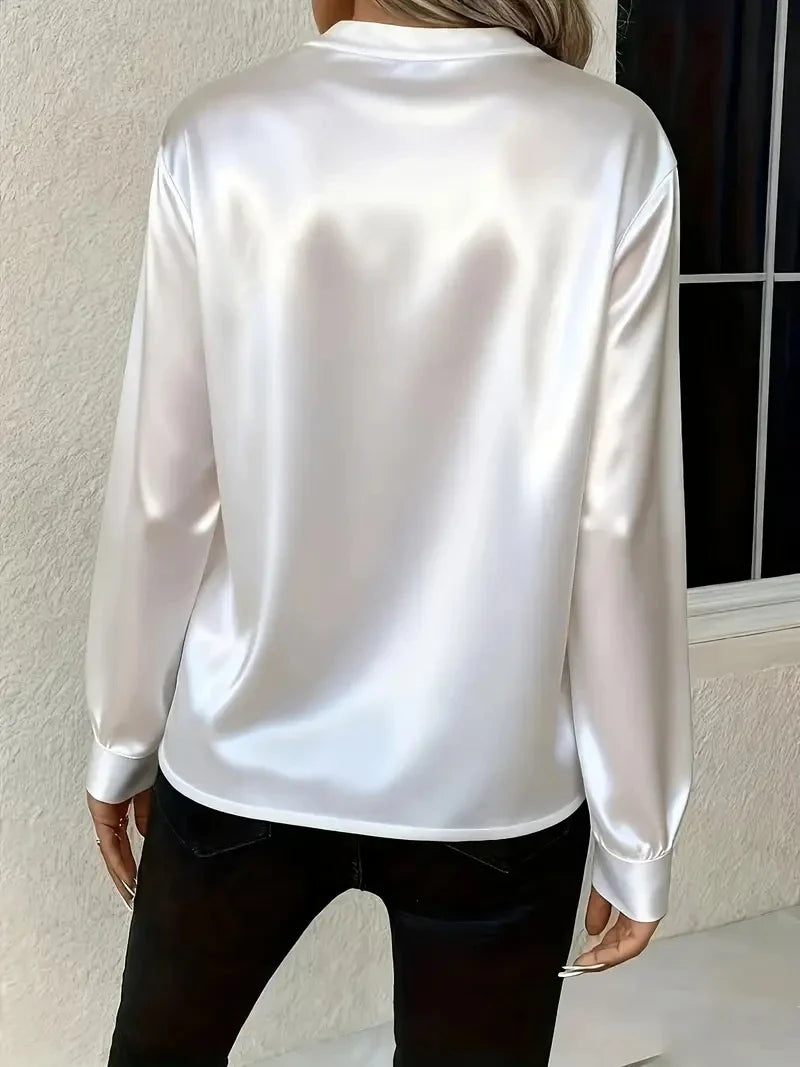Elegant Long Sleeve V-Neck Silk-Like Top for Women, Perfect for Office & Evening Wear