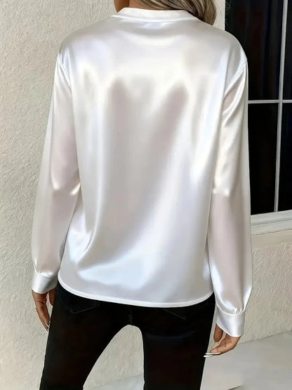 Elegant Long Sleeve V-Neck Silk-Like Top for Women, Perfect for Office & Evening Wear