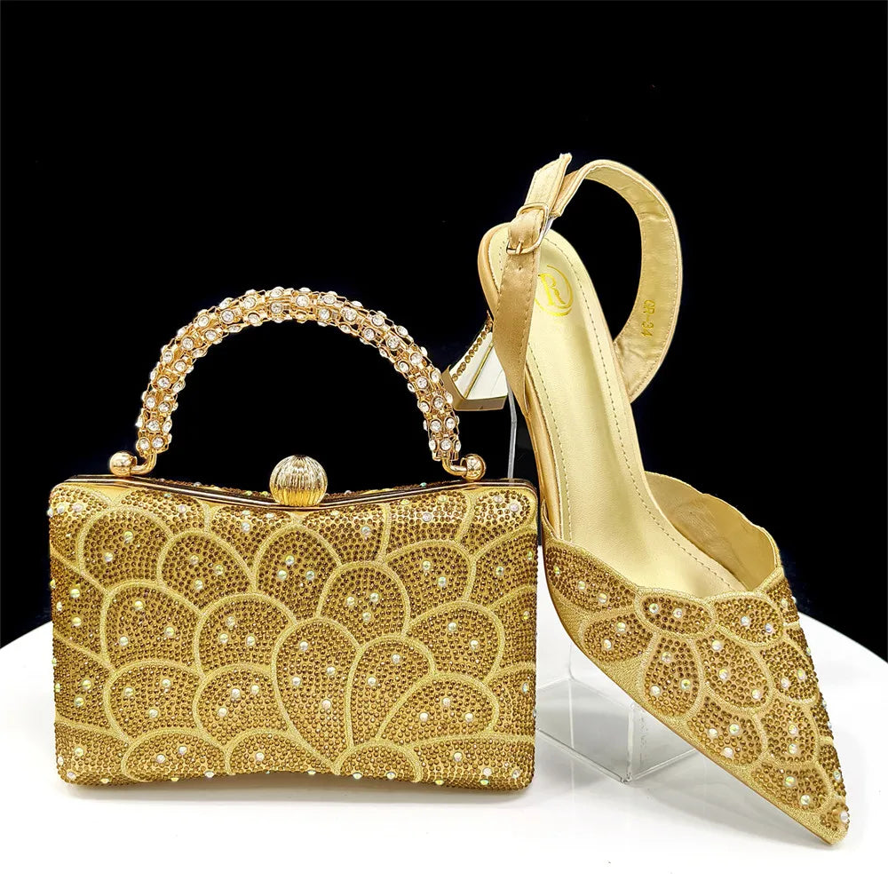 Italian shoes and handbags accessory set with rhinestone metal embellishments Wedding shoes Bridal shoes Designer