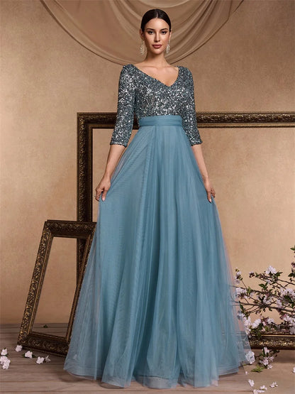 Luxury Floor Length V-Neck Evening Dress 2025 Women Elegant Party Maxi Dress Sequin Short Sleeves Prom Cocktail Gown